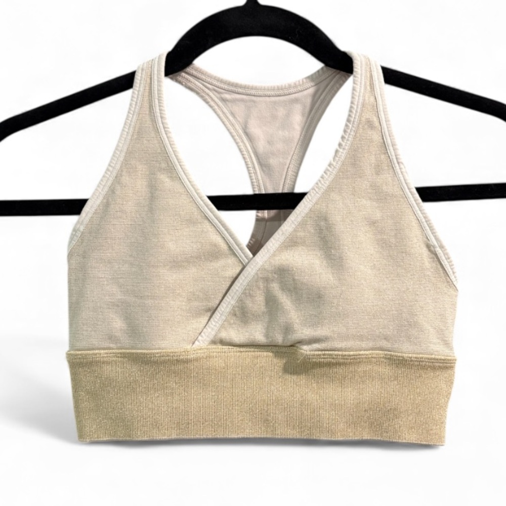 NUX Shimmer Surplice Sports Bra Gold Champagne Metallic Racerback Size S